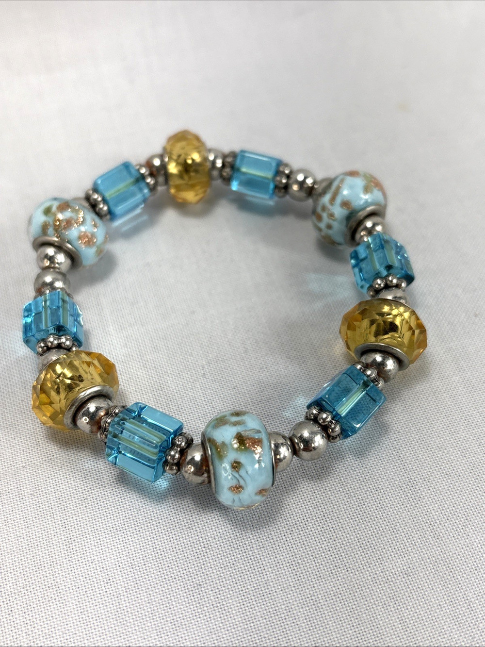 Vintage Blue Foil Silver Tone Art Glass Stretch Bracelet